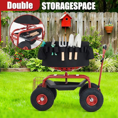 Rolling Garden Cart with Seat, Garden Workseat with 360-Degree Swivel - color: Red+backrest