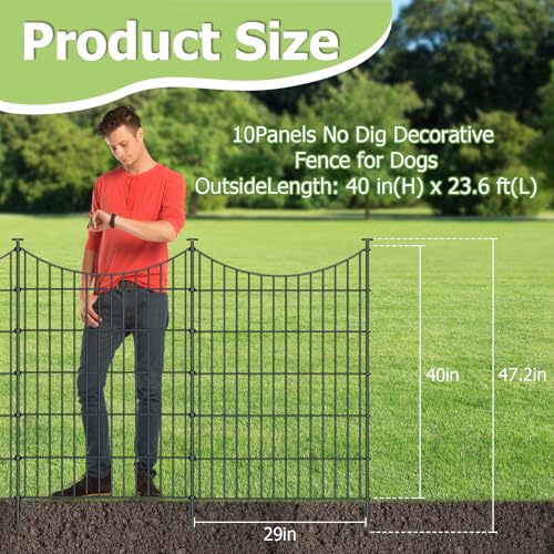 10 Panel No Dig Metal Garden Fence 40"H x 23.6'L Dog Fence Outdoor for Yard - size: 10pc 23.6 ft(L) X 40 in(H)-Concave