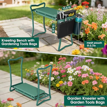 OAOA innovation 2-in-1 Garden Kneeler with Umbrella, Kneeling Bench & Black Umbrella, Portable Stool 330lb Capacity, Garden Tools Bag with Bottle Holder, Gardening Gift for Men Women Seniors - color: Black
