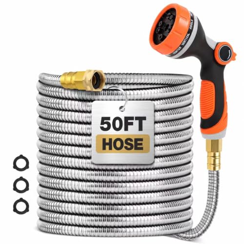 Metal Garden Hose 50 ft with 10 Function Sprayer Nozzle, Lightweight Stainless Steel Water Hose with 3/4" Solid Fittings, Flexible Kink Free Leak Proof for Yard, Patio, Outdoor & Car washing - size: 50ft