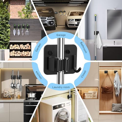4 Pack Broom Holder Wall Mount, 304 Stainless Steel Mop Organizer with Hook - color: C-Black, size: 4PCS Gripper