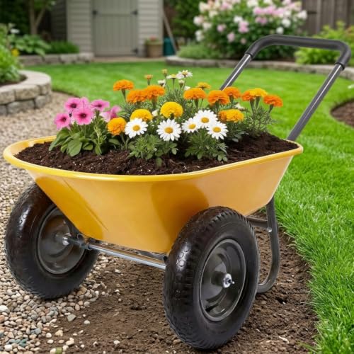 600 Lbs Garden Wheelbarrow with All Terrain 2 Wheel Wagon Cart Steel Frame - color: Yellow