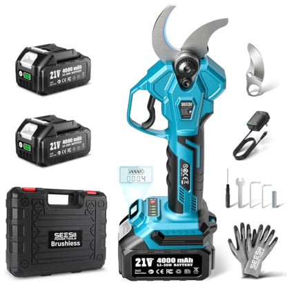 SEESII Electric Pruning Shears, 1.6" Cut Cordless Pruner, 2x4.0Ah Batteries - color: Sea Blue