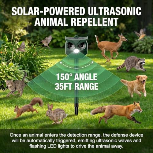 Solar Ultrasonic Animal Repeller, Outdoor Cat Deterrent for Deer Squirrels