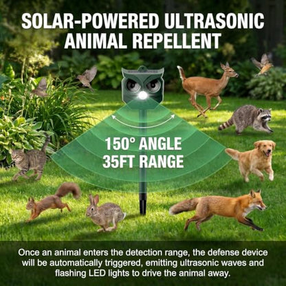 Solar Ultrasonic Animal Repeller, Outdoor Cat Deterrent for Deer Squirrels