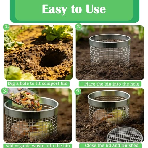 2pack Inground Worm Composting Bin Stainless Steel Worm Farm Composter with Holes and Lid for Recycling Kitchen Food Waste to Raised Garden Beds