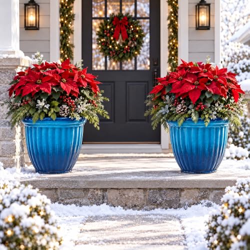 Autodaya 15" Large Planters for Outdoor Plants Set of 2 Plastic Flower Pots - color: 15" Gradient Cobalt Blue Finish