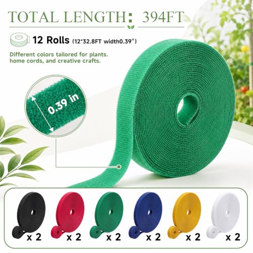 12 Rolls Plant Ties, 393.6 ft Reusable 0.39'' Garden Tape, Hook Loop Strap