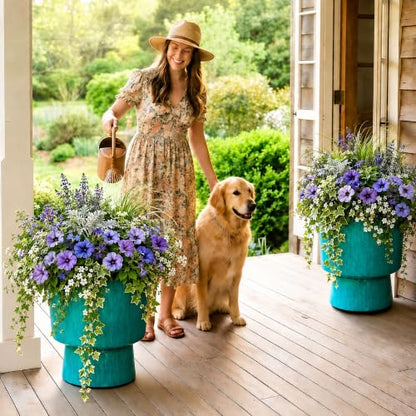 Autodaya 16.8" Faux Ceramic Planters for Outdoor Indoor Plants, Flower pots - color: 16.8"-teal Glazed & Black Rim