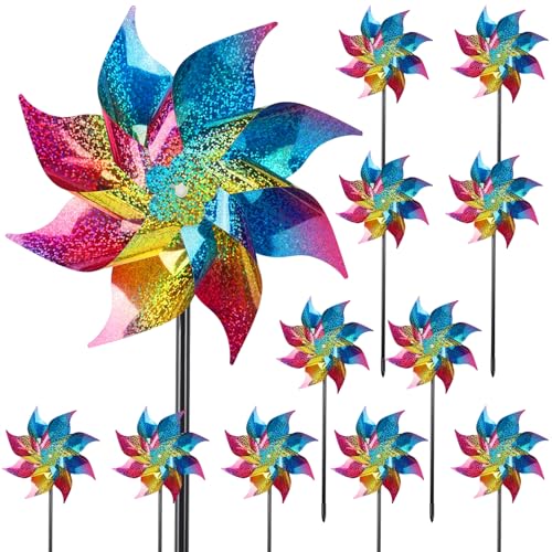 Hausse 12 Pack Reflective Pinwheels with Stakes (Pre-Assembled), Extra Sparkly Rainbow Pin Wheel for Garden Decor, Bird Repellent Devices Deterrent to Scare Birds Away from Yard Patio Farm, Colorful - color: Colorful