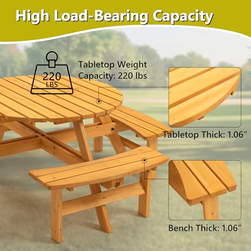 Outdoor Wooden Picnic Table with 4 Built-in Benches and Umbrella Hole for 8 Person，Outside Table and Bench Set Round Picnic Table for Garden, Backyard, Porch,Patio（Natural - size: 8Person-Round-Y