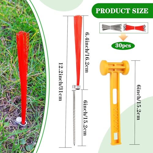 30 Pcs Ground Marking Whiskers Neon Orange Marking Whiskers with Lightweight Stakes Survey Property Line Markers for House Garden Lawn Landscape Ground Hunting Markers