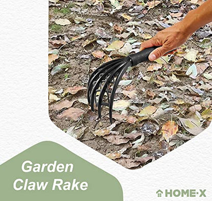 Home-X Webbed Garden Claw Rake and Cultivator, Durable Gardening Tool, Handheld Claw Rake Cultivator & Tiller-Rubber Grip (Black)-10.5” L