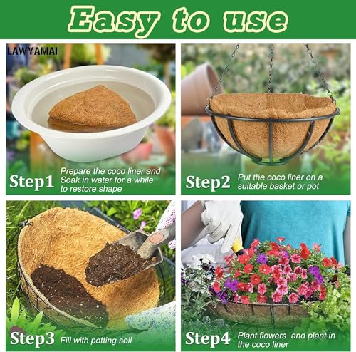 Y&M 4Pack 12 Inch Hanging Basket Liners, Replacement Coconut Fiber Basket Liners, Coco Coir Plant Liners for 12inch Flower Planters and Outdoor Garden Plants - color: 4pcs 12in Round