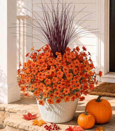 HyeFlora Artificial Fall Flowers Faux Mums for Outdoor Indoor Garden Home Decoration, Faux Flower Daisy with Eucalyptus Leaves Fake Mums Plants Greenery Boxwood Porch Patio, 12 Bundles (F Orange) - color: F Orange