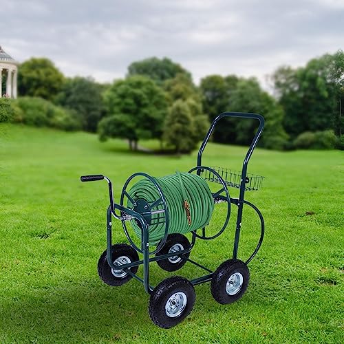 4 Wheel Garden Hose Reel Cart Heavy Duty Yard Water Planting with Storage Basket,Holds 390FT Hose