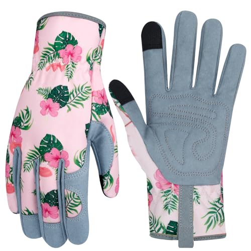 Leather Gardening Gloves for Women Thorn Proof Garden Gloves Touch Screen Working Gloves Gifts,M - color: Flamingo