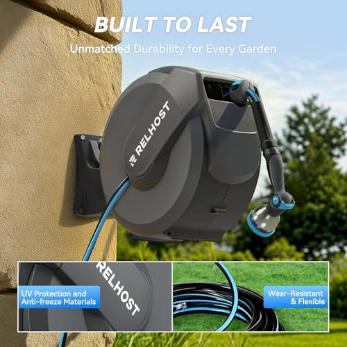 Retractable Garden Hose Reel, 5/8 in x 65 ft Wall Mount Heavy Duty Hose Reel with Any-Length Lock, Auto Rewind System, 180° Swivel Bracket, and 10-Pattern Nozzle for Garden, Dark Grey - color: Dark Grey, size: 65FT