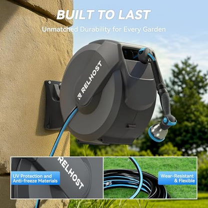Retractable Garden Hose Reel, 5/8 in x 65 ft Wall Mount Heavy Duty Hose Reel with Any-Length Lock, Auto Rewind System, 180° Swivel Bracket, and 10-Pattern Nozzle for Garden, Dark Grey - color: Dark Grey, size: 65FT