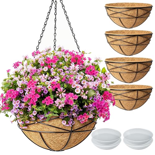 4 Pack 14 Inch Hanging Baskets for Plants Outdoor Large Flower Planters with Coco Liner for Outside Planting Watering Plant Pot Holder for Home Garden Porch Balcony Railings Decor - color: 4 Pack-black, size: 14 Inch