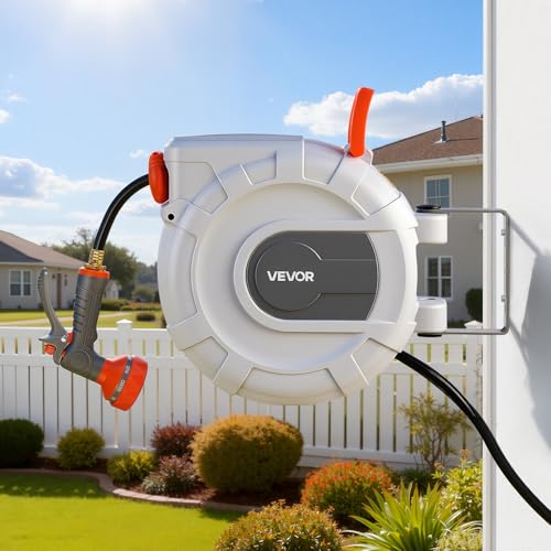 VEVOR Retractable Garden Hose Reel, 1/2 in x 50 ft, Wall Mounted Hose Reel with 9-Function Sprayer Nozzle and 180° Swivel Bracket, Any Length Lock, Automatic Slow Rewind System, for Garden Watering - size: 1/2 in x 50 ft