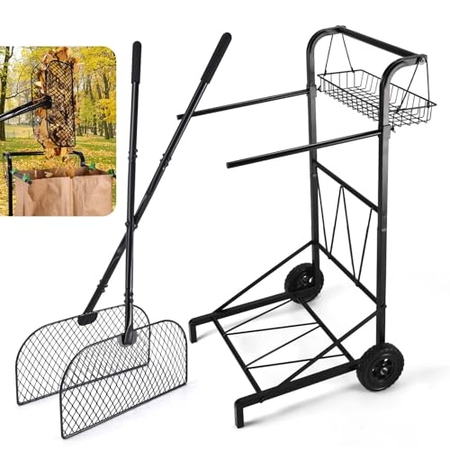 CAROD Upgraded Trash Bag Holder Cart with Storage Basket and Ergonomic Handle, Adjustable Outdoor Leaf Bag Holder from 30-45 Gallon Capacity, Ideal for Yard, Camping, Parties Clean-Up (Ultra)