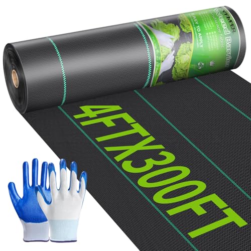 4ftx300ft Weed Barrier Landscape Fabric Heavy Duty, Woven Weed Control Cloth, Woven Geotextile Fabric for Underlayment, Commercial Driveway Weed Block Cover Mat,with 1 Pair of Gloves - size: 3.2oz-4ft*300ft