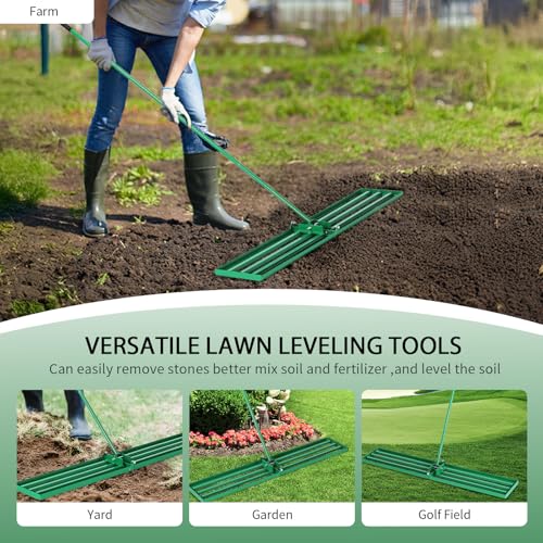 VINGLI Iron Lawn Leveling Rake 36in for Soil Sand Composs, Extended Handle, 180°Rotation Head, with All Handwares, for Yard Garden Golf Field, Green (36in) - color: 36in
