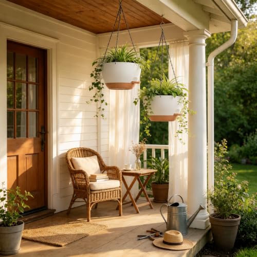 12" Self Watering Hanging Planters with Chains, White Brown, 2 Pack - color: White Brown, size: 2 pack 12 inches