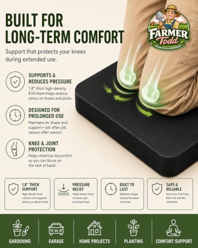 Farmer Todd Extra Thick Kneeling Pad for Gardening – 1.8” Thick High Density EVA Foam – Comfortable Garden Knee Pad with Handle – Heavy Duty, Waterproof, Non-Slip Outdoor Yard Cushion