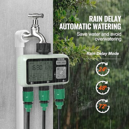 VEVOR Water Timer, 3 Outlets, Hose Watering Sprinkler Timer, with 3 Independent Watering Zone LCD Display Rain Delay Mode Manual Mode 360° Brass Inlet Metal Filter, IPX6 Waterproof for Yard Watering - style: 3 Outlet with LCD Display