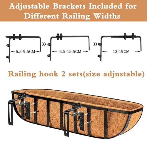 EIMQUVW 2 Pack Adjustable Railing Planter Brackets Heavy Duty Window Box Holders for Metal Hanging Flower Baskets Fits Decks, Balconies, and Railings