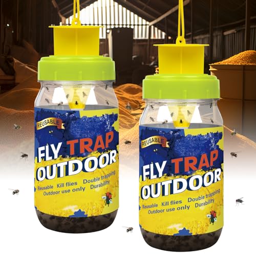 Glovv 2 Pack Reusable Fly Traps Outdoor for Patio with Bait Refill, Haning Fly Jar Trap Gnat Catcher Killer for Outside, Filth Flies Insect Bug Control to Repellent Fruit Fly for Ranch, Yard - size: 2 pack1