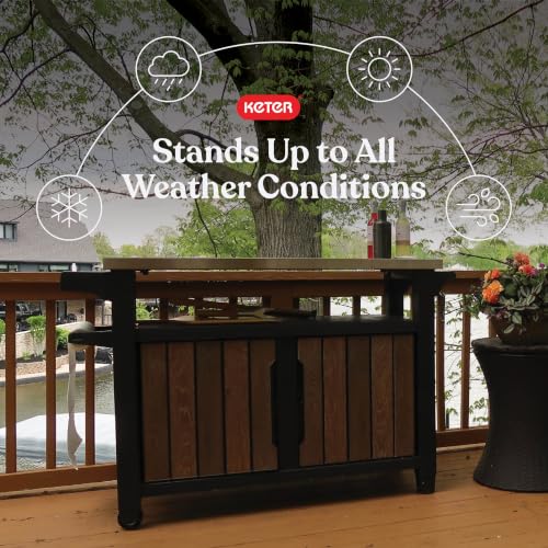 Keter Unity XL Outdoor Entertainment Cart with Wood‑Look Finish, 78‑Gallon Patio Storage Cabinet, Food Prep Station, Stainless‑Steel Top for BBQ, Grill, Patio, Deck & Backyard, Walnut - color: Walnut