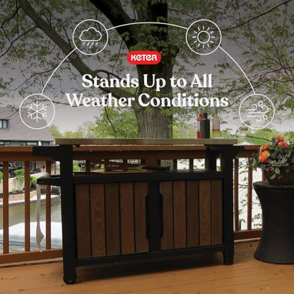 Keter Unity XL Outdoor Entertainment Cart with Wood‑Look Finish, 78‑Gallon Patio Storage Cabinet, Food Prep Station, Stainless‑Steel Top for BBQ, Grill, Patio, Deck & Backyard, Walnut - color: Walnut