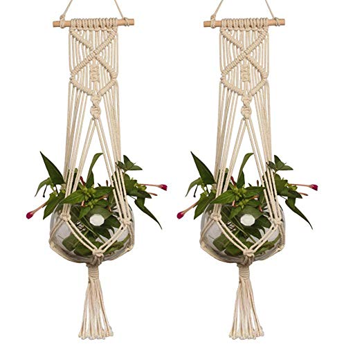 Set of 2 Macrame Plant Hanger with Wooden Dowel Wall Hanging Planter Basket for Indoor Outdoor Flower Pot Plant Holder Wall Art Vintage Home Boho Decor, Cotton Rope Weaving, 4 Legs 41 inch