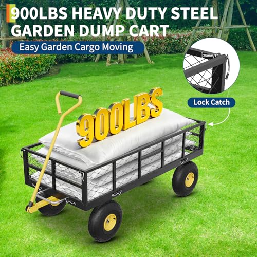 Garvee 900 lbs Steel Garden Dump Cart with Removable Sides, Convert to Flatbed, Heavy Duty Yard Cart with 180°Rotating Handle & 10" All Terrain Wheels, Utility Dump Wagon for Lawn Farm Backyard - color: Black