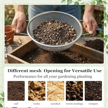 3PCS Soil Sifter for Gardening with Handles - Rock Compost Dirt Sifter for 5 Gallon Bucket, 1/4in,1/8in,3/8in Mesh Garden Sifting Screen Gravel Sawdust Vermicompost with Repotting Mat
