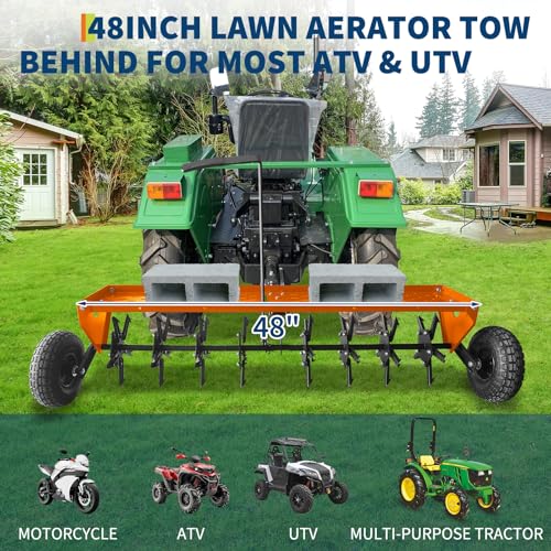 Heavy Duty 48" Tow Behind Lawn Core Aerator – Galvanized Steel Construction, 3" Spikes, Inflatable Wheels, All-Purpose Hitch – Ideal for Lawn Tractor, Mower, ATV – Yard, Garden, Farm Tool Set