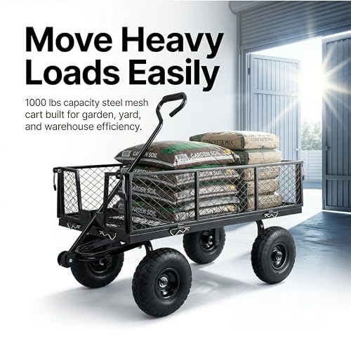 Finnhomy Heavy Duty 1000 Lbs Capacity Mesh Steel Garden Cart, Pullable Garden Wagons Carts on Wheels, Folding Utility Wagon with Removable Sides for Outdoor, Yard, Lawn, Black - color: Black