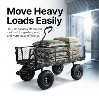 Finnhomy Heavy Duty 1000 Lbs Capacity Mesh Steel Garden Cart, Pullable Garden Wagons Carts on Wheels, Folding Utility Wagon with Removable Sides for Outdoor, Yard, Lawn, Black - color: Black
