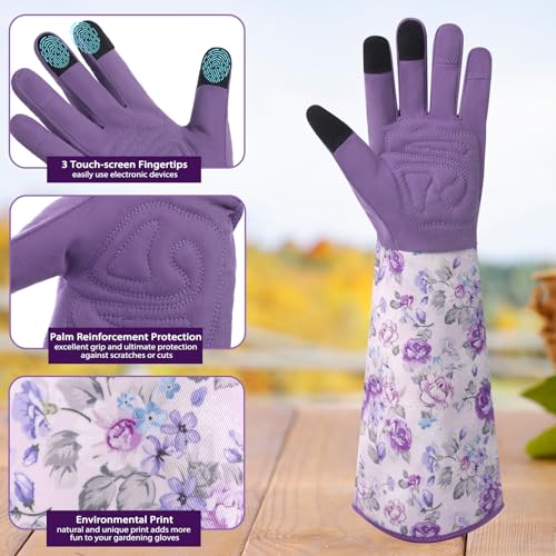 Gardening Gloves for Women, Long Garden Gloves with Grip, Thorn-Proof, Gift - color: Light Purple - Flower