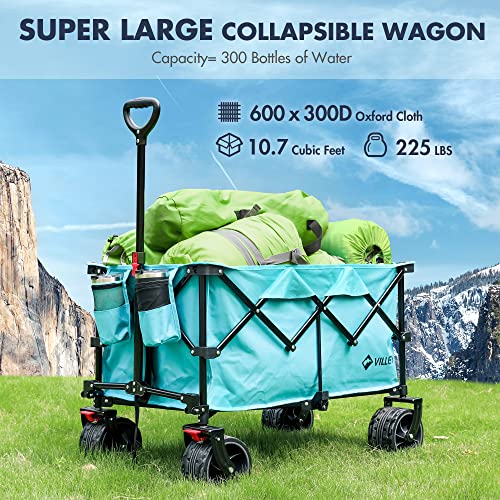 VILLEY Collapsible Folding Wagon with Big Wheels, All Terrain Beach Wagon Cart Heavy Duty Foldable, Enlarged 225lbs Capacity, Portable Utility Garden Cart with 2 Cup Holders and Brake, Blue - color: Blue