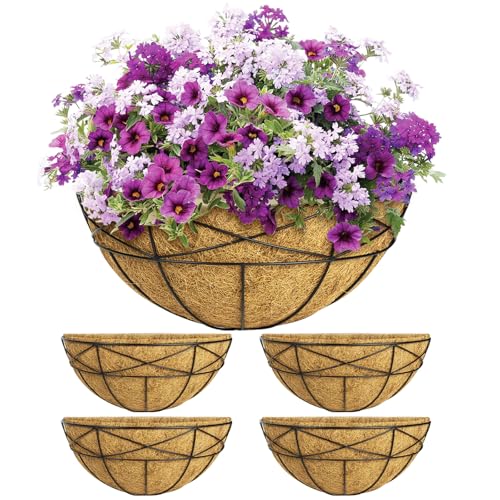 4 Pack 16 Inch Window Boxes Planters Railing Planter Box with Coco Liners Deck Railing Planter Boxes Balcony Hanging Flower Box Wall Mounted Half Round for Outdoor Plants Garden Decor - size: 16 Inch
