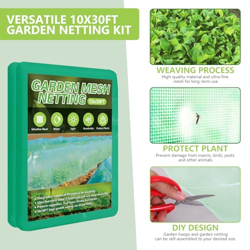 Garden Netting Kit for Raised Beds, 10x30FT Green Ultra Fine Mesh Netting ＆6 Sets of 8FT Garden Hoops, Insect Netting Row Cover Net Protect Plants Vegetable Fruits Flowers - color: Green, size: 10x30FT