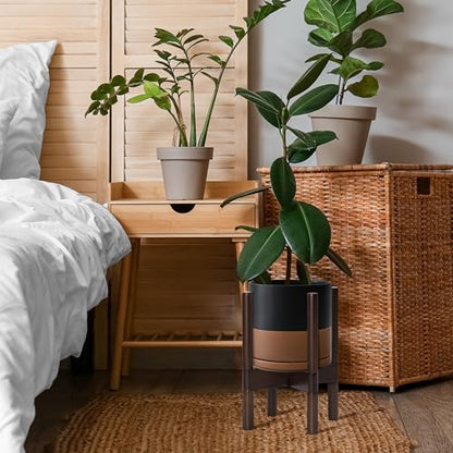 D'vine Dev Ceramic Pot with Walnut Wood Stand, Black/Tan, 8 in, 55-B-Y-7 - color: Black/Speckled Tan Pot + Walnut Color Stand, size: 8 Inch