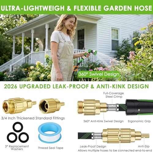 100 ft Non-Expanding Garden Hose, 360° Anti-Kink Swivel Fittings - color: Green, size: 100ft