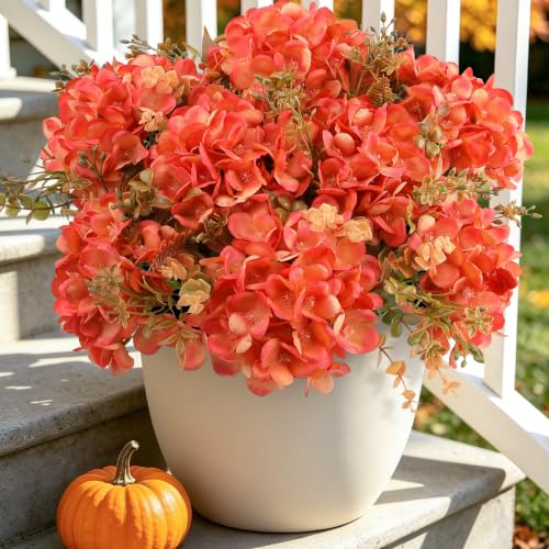 Artificial Hydrangea Flowers with Eucalyptus for Outdoor Fall Decorations - color: Fall Orange