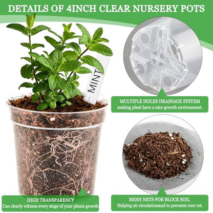 4 Inch Clear Nursery Pots for Plants, Plastic Plant Pot with Drainage Holes, Sturdy Seed Starter Pots, Small Transparent Seedling Pots with Plant Labels and Soil Screens, Gardening Gifts(30 Pack) - size: 4 Inch-30P