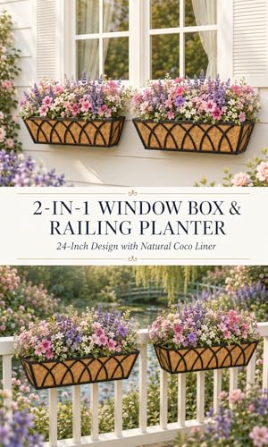 Y&M 4pcs 24 Inch Planter, Metal Window Boxes with Coco Liner, Indoor Outdoor Hanging Flower Planter for Garden, Lawn, Balcony, Porch, Fence, Patio Rail - size: X - 24in 4P
